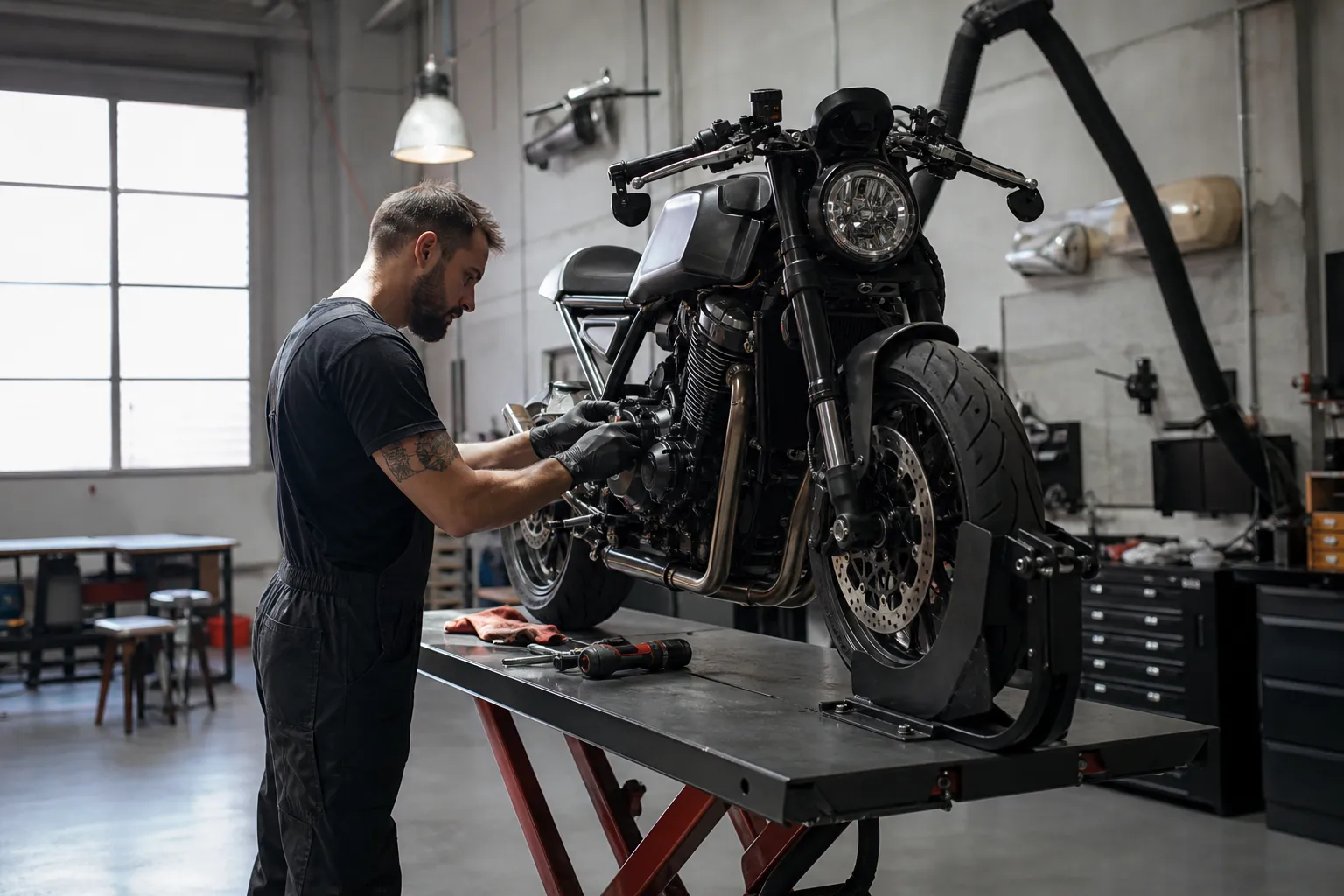 Trabajo técnico en una moto dentro de un taller